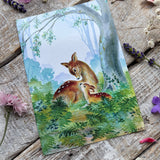 Postcard- Doe & Fawn In Woodland - Margaret Lynes