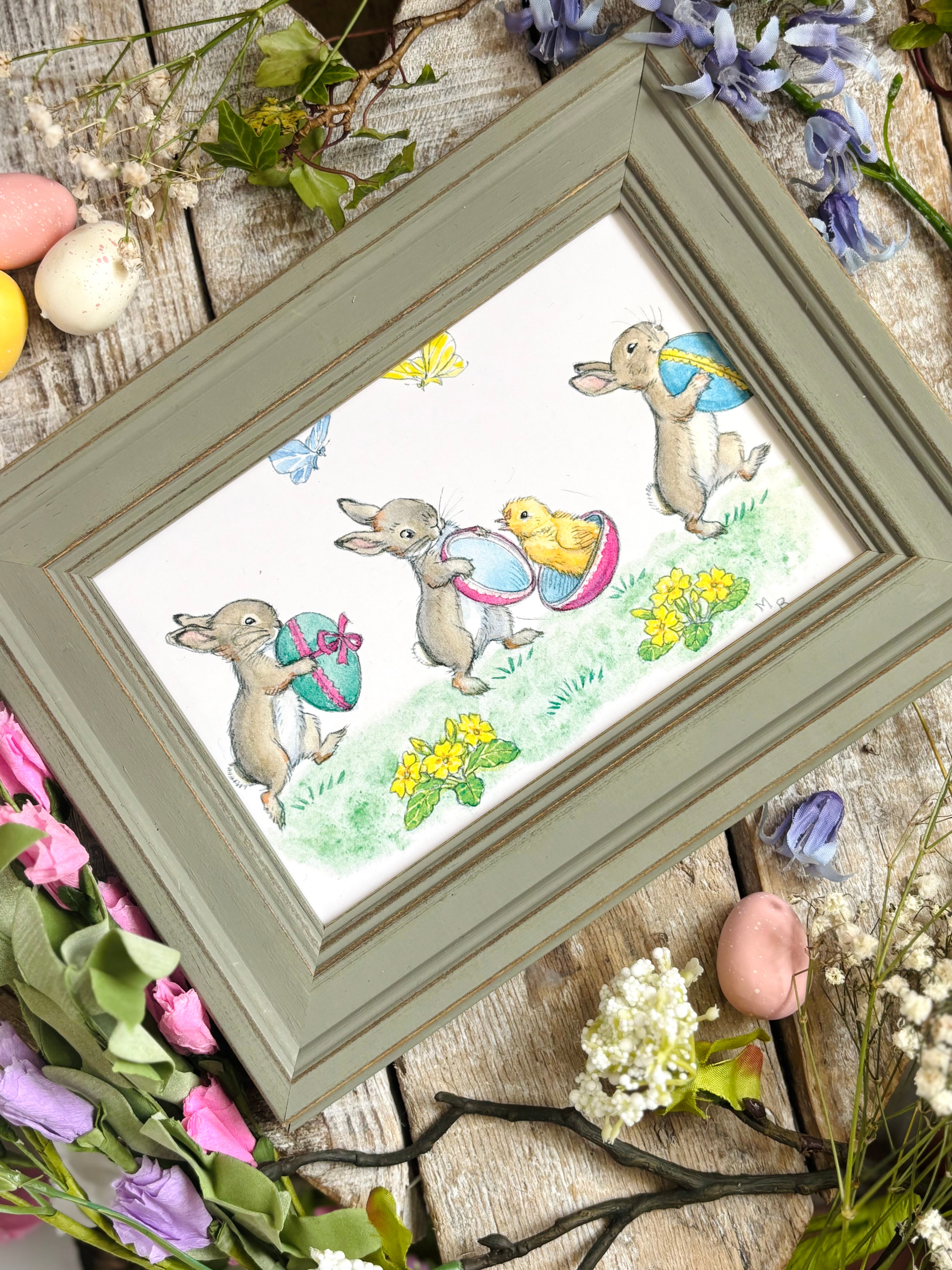 Rabbits With Easter Eggs - Molly Brett - Framed Postcard