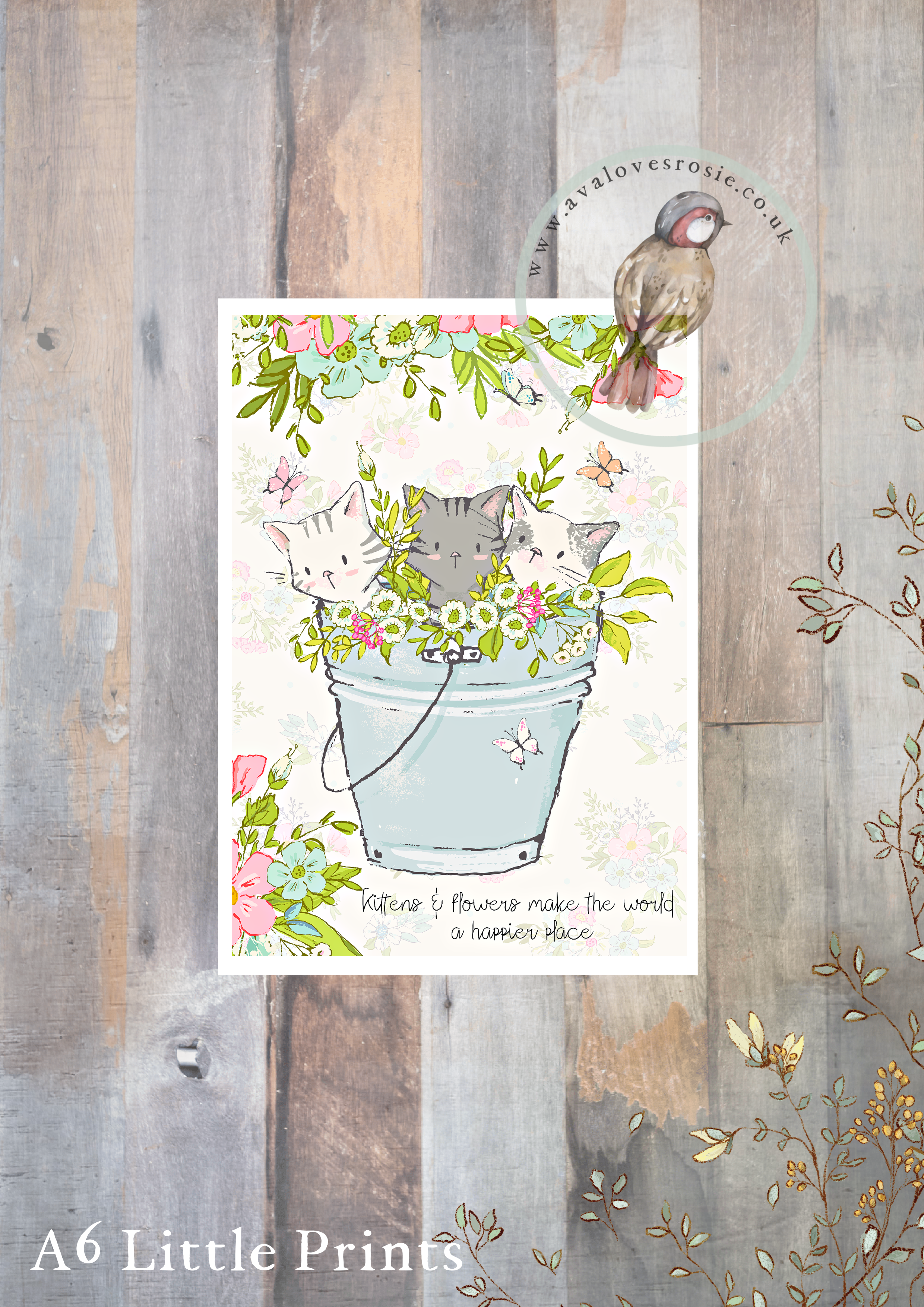 Little Print - A6 Size - Kittens & Flowers