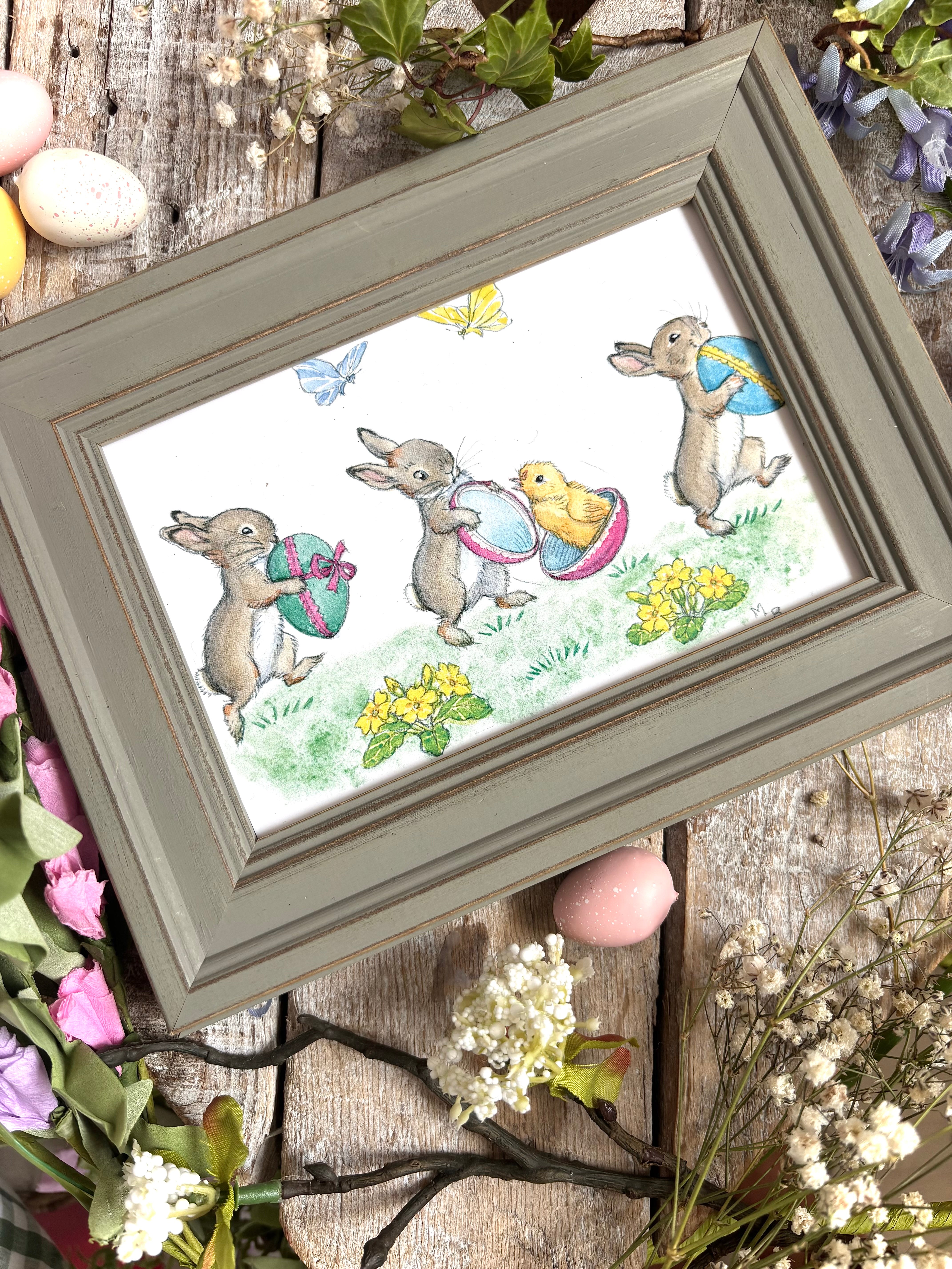 Rabbits With Easter Eggs - Molly Brett - Framed Postcard