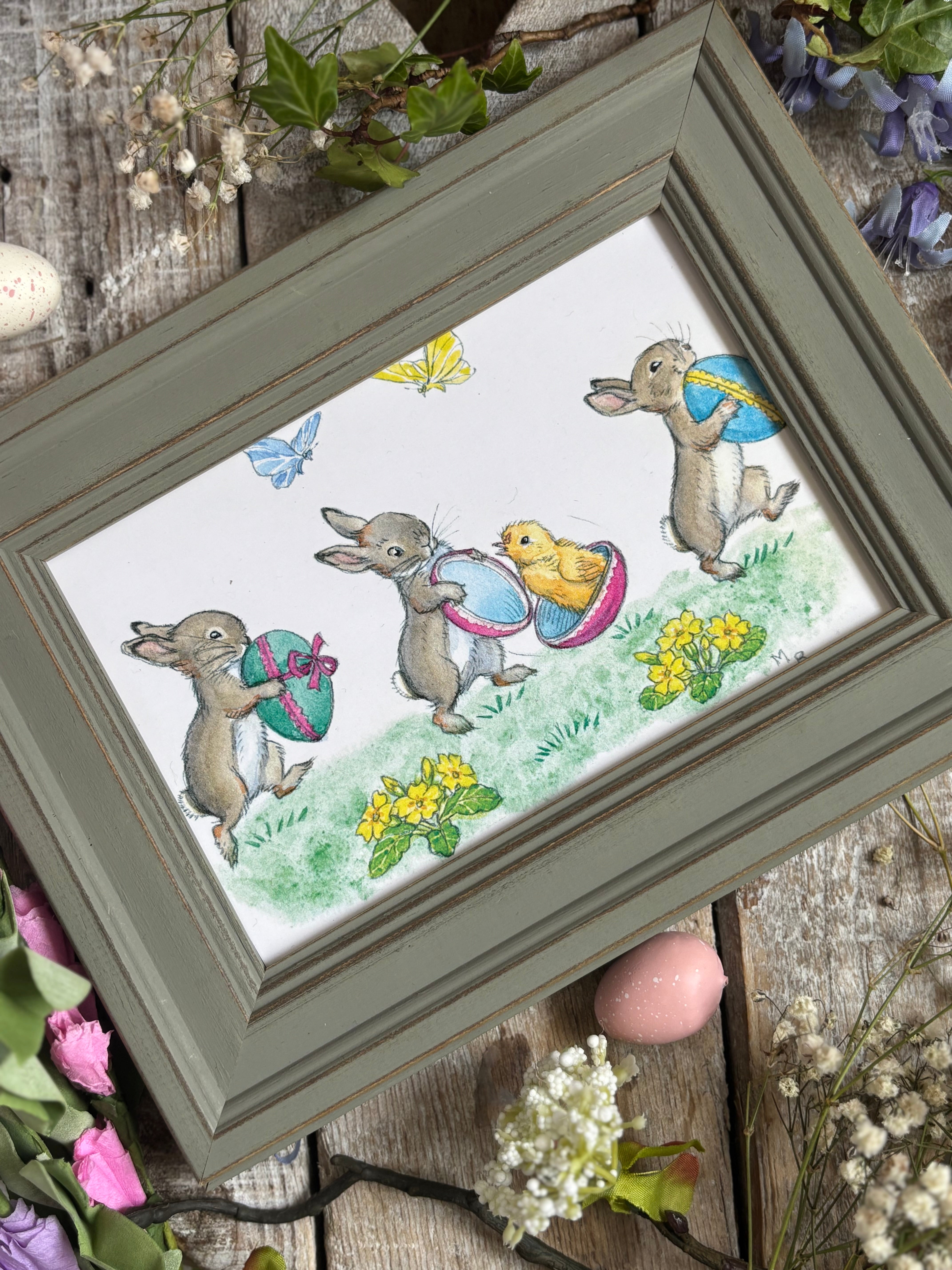 Rabbits With Easter Eggs - Molly Brett - Framed Postcard
