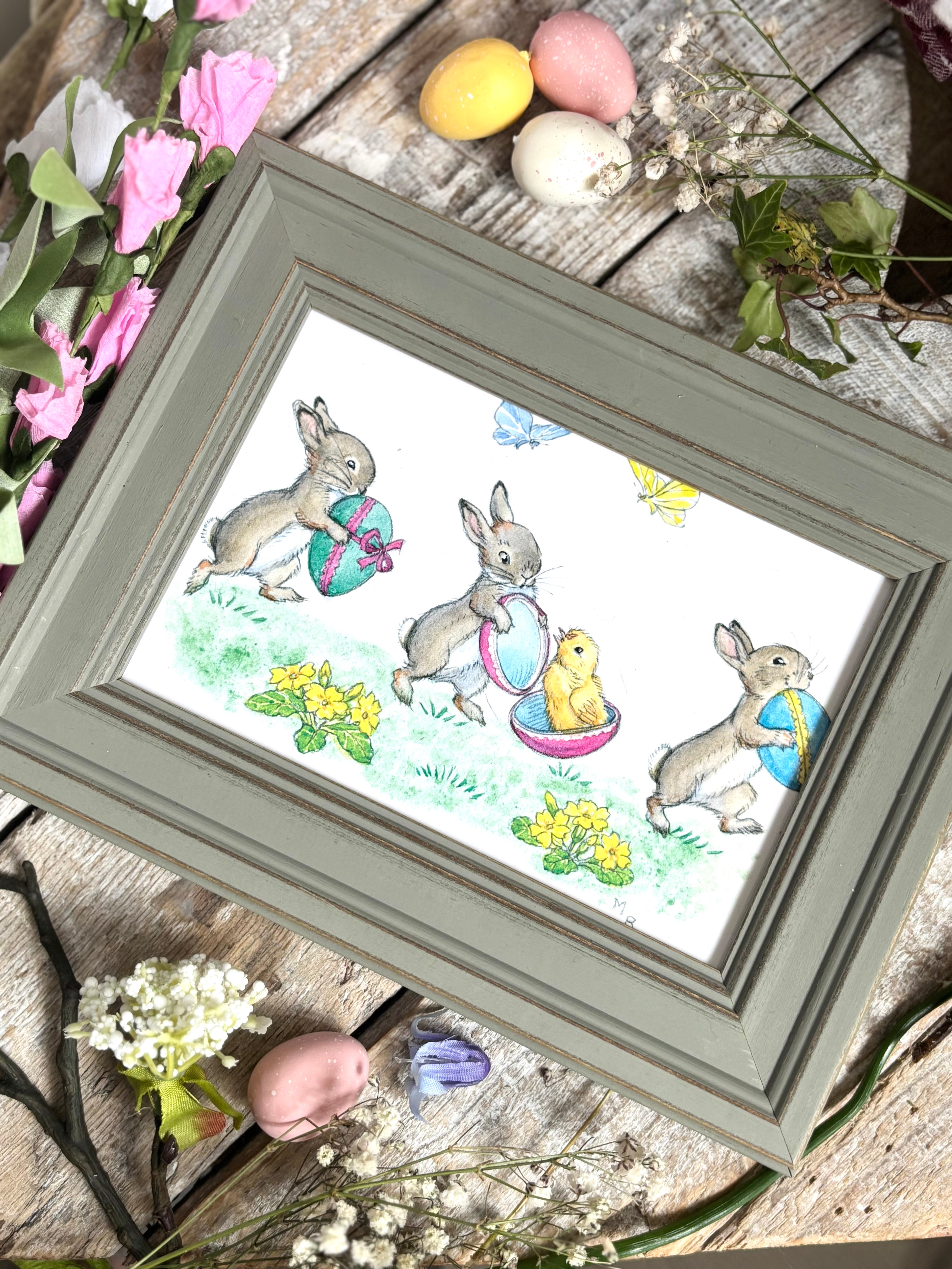 Rabbits With Easter Eggs - Molly Brett - Framed Postcard