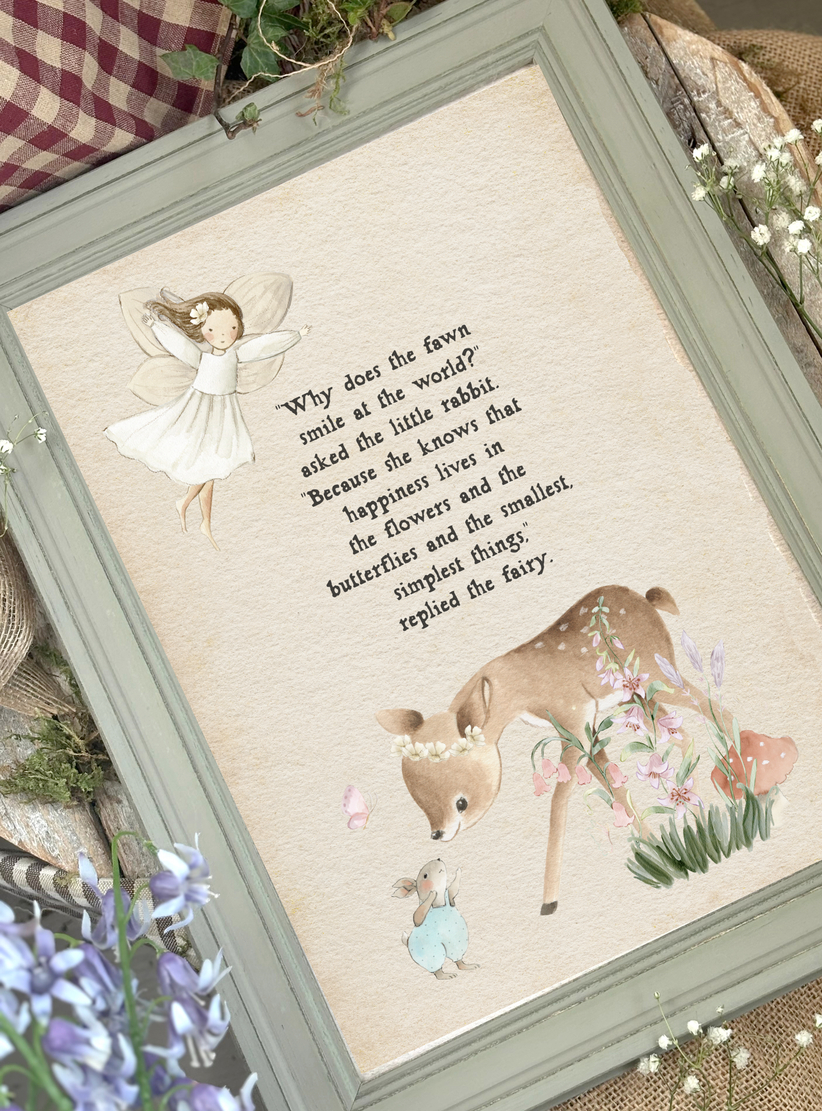 The Fairy And The Little Bunny - A4 Framed Print - Happiness In The Small Things