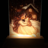 Cute Little Nostalgic Illuminated Christmas Scene/Lamp - Rectangular - Angel And Kitten