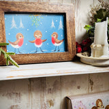 Framed Christmas Postcard - Three Robins Under Mistletoe - Mary Adair R698