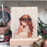 Cute Little Nostalgic Illuminated Christmas Scene/Lamp - Rectangular - Angel With Kitten & Bunny