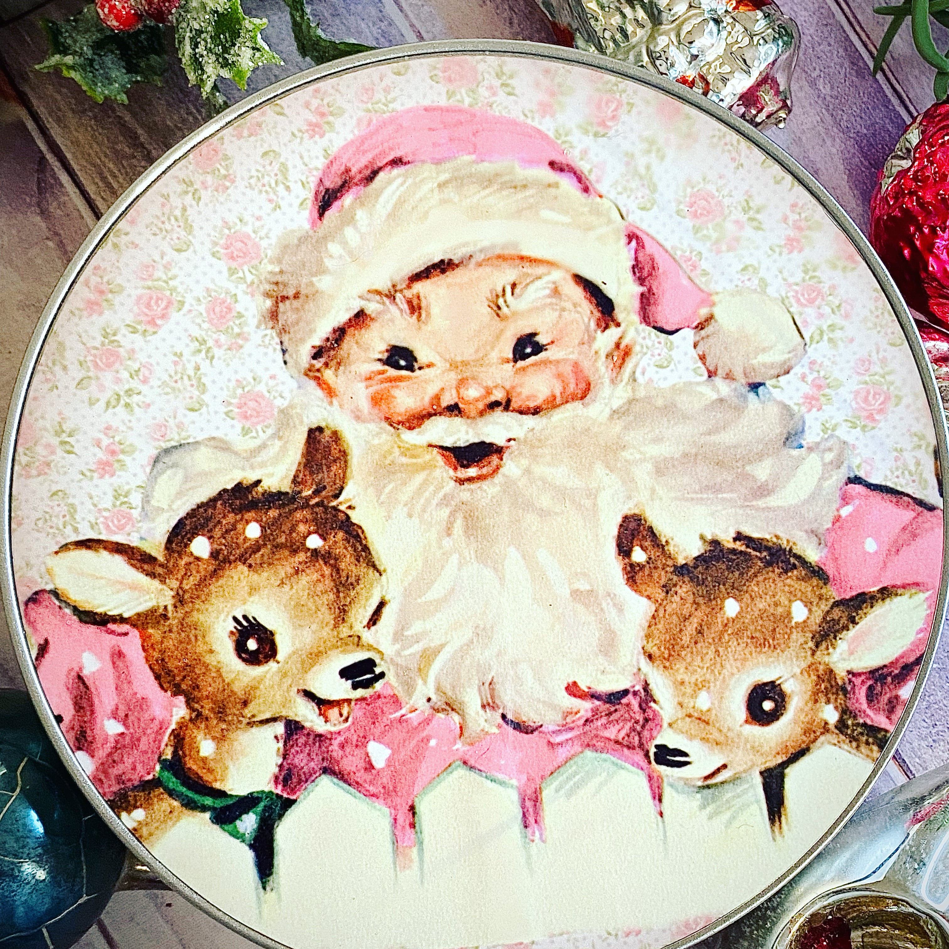 Pink Santa Vintage Inspired Tin