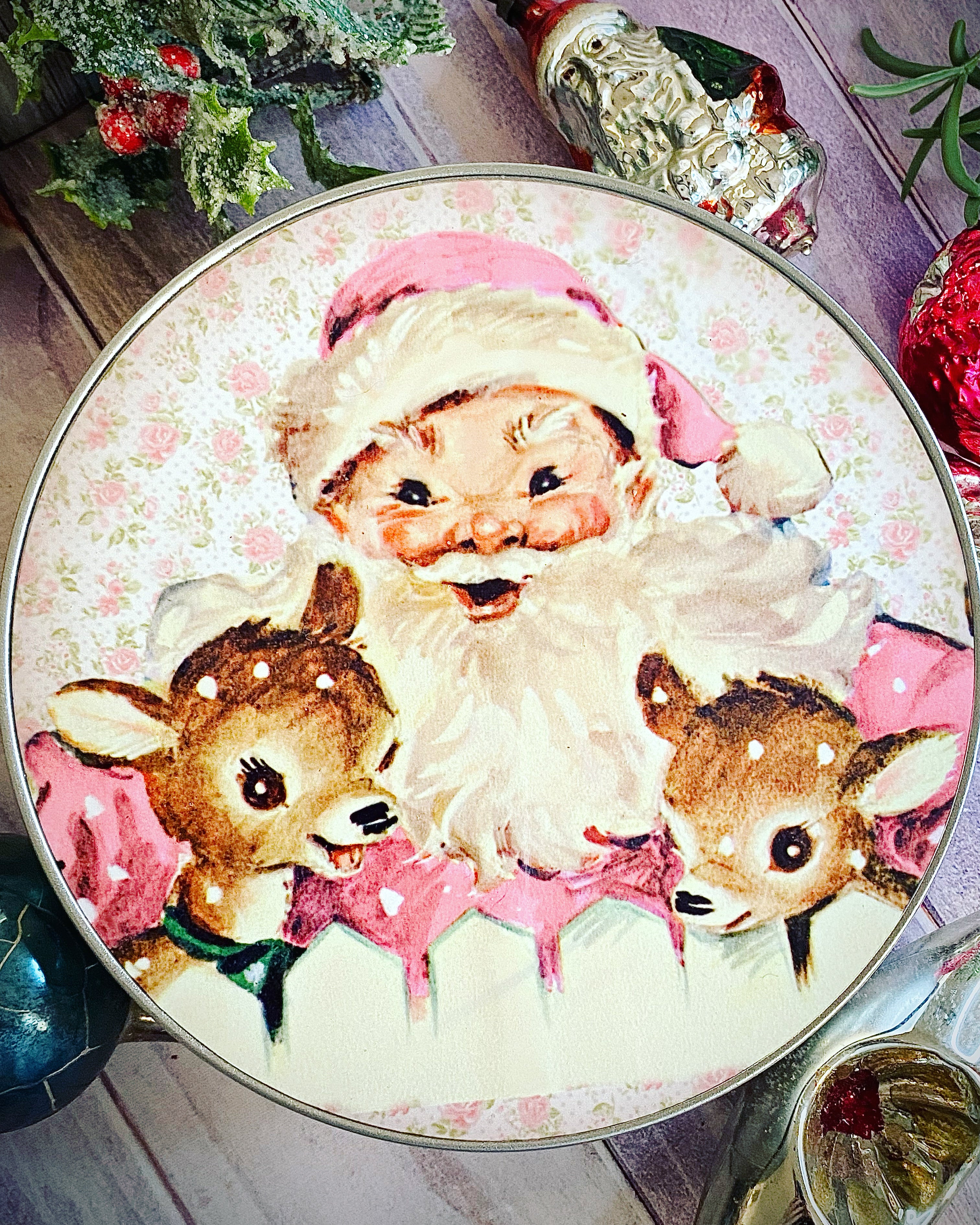 Pink Santa Vintage Inspired Tin