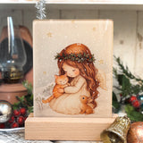 Cute Little Nostalgic Illuminated Christmas Scene/Lamp - Rectangular - Angel With Kitten & Bunny
