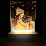 Cute Little Nostalgic Illuminated Christmas Scene/Lamp - Rectangular - Winter Girl and Deer