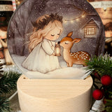 Cute Little Nostalgic Illuminated Christmas Scene/Lamp - Round - Angel And Deer