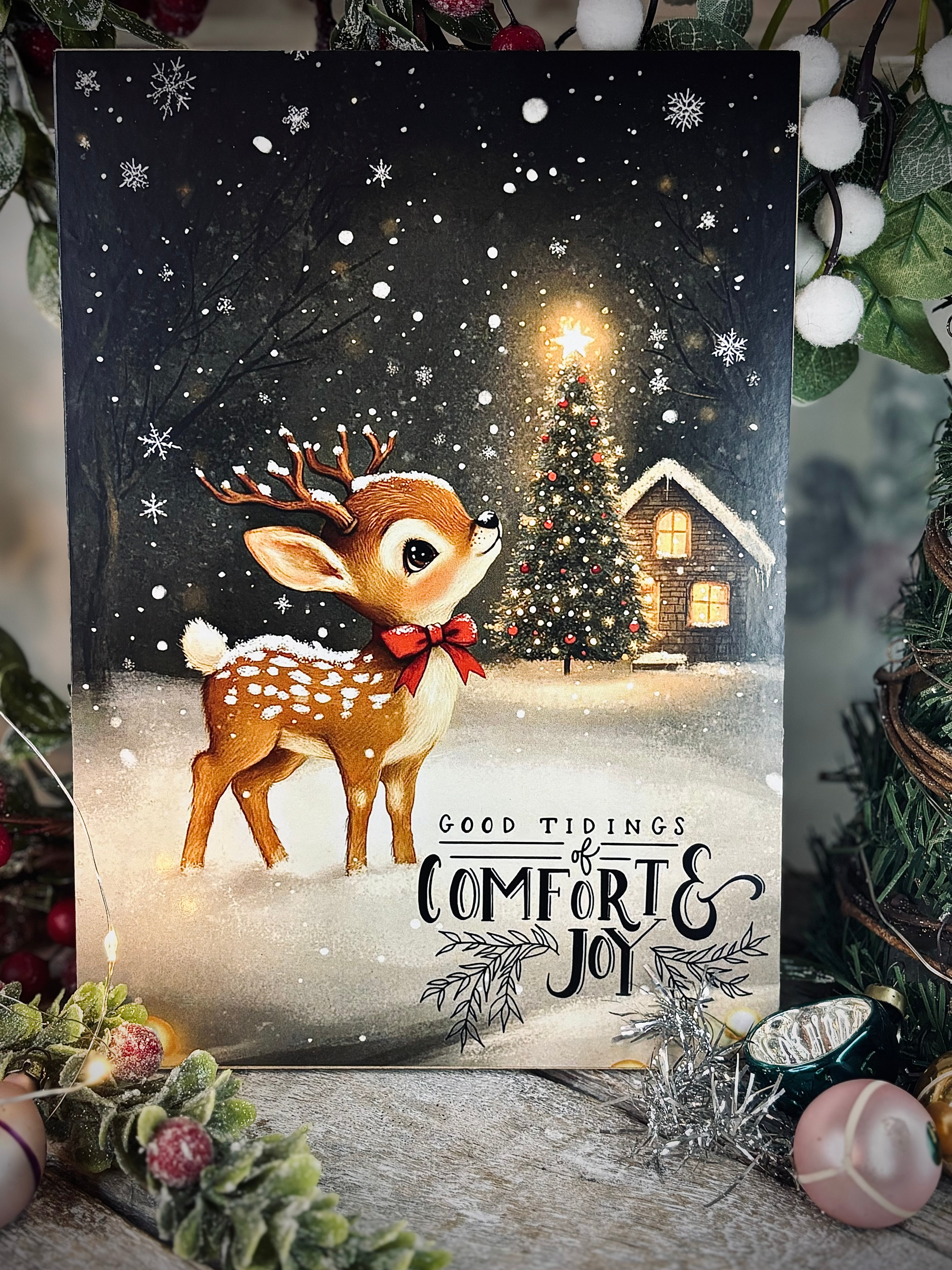 Christmas A5 Wooden Picture Board - Good Tidings Of Comfort and Joy (Deer)