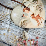 Christmas - Sweet Little Ceramic Heart - Always Close By, Angel With Deer And Robin