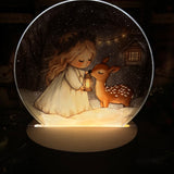 Cute Little Nostalgic Illuminated Christmas Scene/Lamp - Round - Angel And Deer