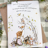 Woodland Whispers - A6 Card: "What will we remember this day for?" asked the little bird For being the kind you wish could last forever' replied the owl, with a smile.