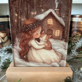 Cute Little Nostalgic Illuminated Christmas Scene/Lamp - Rectangular - Angel And Kitten