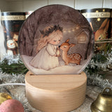 Cute Little Nostalgic Illuminated Christmas Scene/Lamp - Round - Angel And Deer