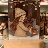 Cute Little Nostalgic Illuminated Christmas Scene/Lamp - Rectangular - Winter Girl and Deer