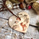Christmas - Sweet Little Ceramic Heart - Always Close By, Angel With Deer And Robin